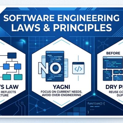 Software engineering laws illustration with Conway's Law, YAGNI, and DRY principles