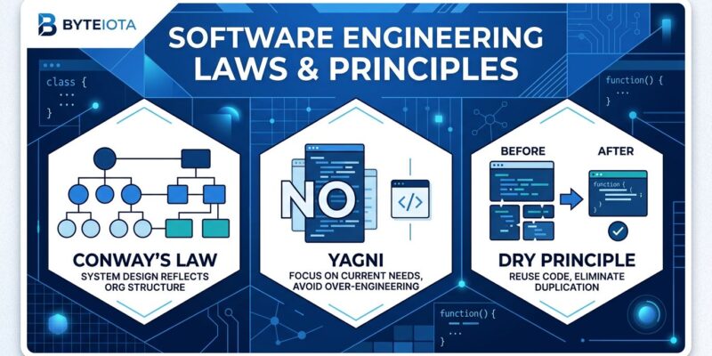 Software engineering laws illustration with Conway's Law, YAGNI, and DRY principles