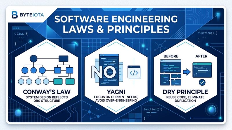 Software engineering laws illustration with Conway's Law, YAGNI, and DRY principles