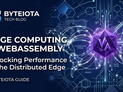 WebAssembly edge computing network visualization showing global distributed infrastructure with blue and white ByteIota branding