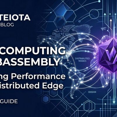 WebAssembly edge computing network visualization showing global distributed infrastructure with blue and white ByteIota branding