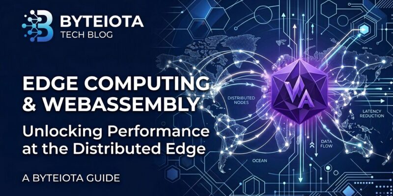WebAssembly edge computing network visualization showing global distributed infrastructure with blue and white ByteIota branding