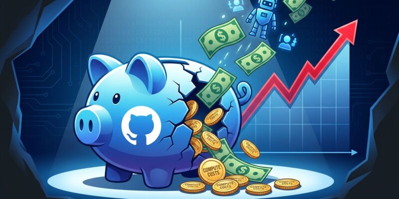 Broken piggy bank with GitHub logo showing compute costs crisis