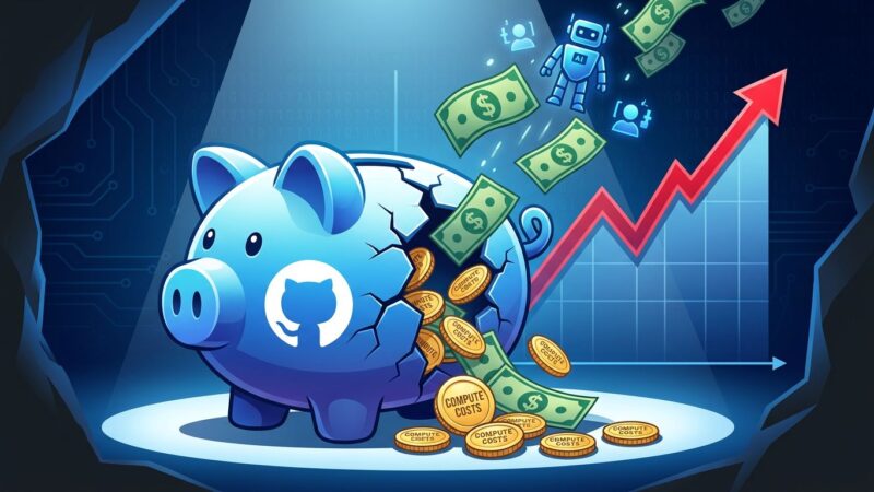 Broken piggy bank with GitHub logo showing compute costs crisis
