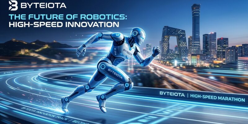 Humanoid robot running at high speed on marathon track in Beijing