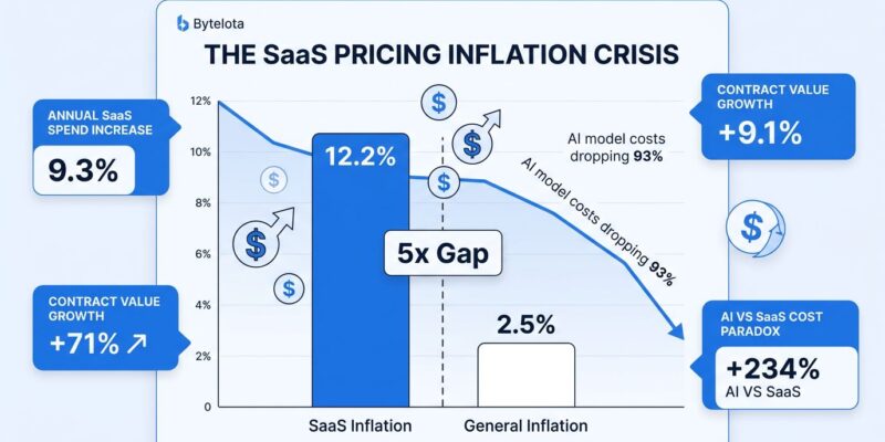 Data visualization showing SaaS inflation at 12.2% compared to general inflation at 2.5%, illustrating the 5x software pricing gap