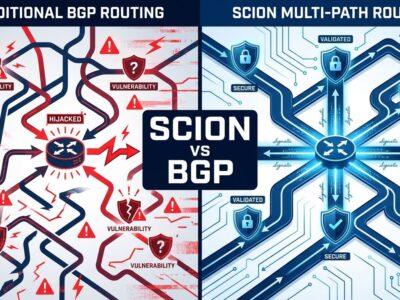 Split-screen comparison of SCION vs BGP routing architectures