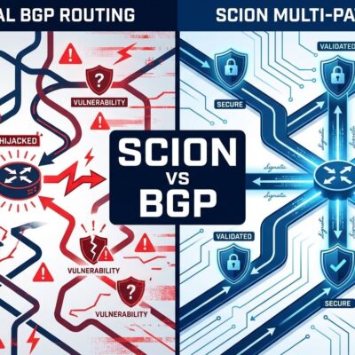 Split-screen comparison of SCION vs BGP routing architectures