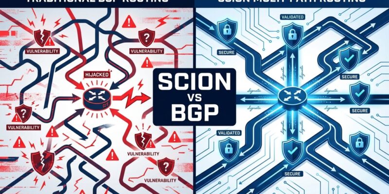 Split-screen comparison of SCION vs BGP routing architectures