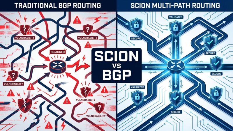 Split-screen comparison of SCION vs BGP routing architectures