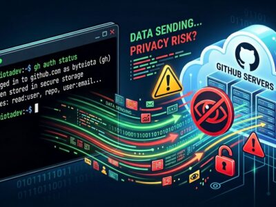Illustration of GitHub CLI terminal sending telemetry data to cloud servers with privacy warning symbols