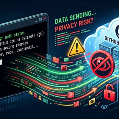 Illustration of GitHub CLI terminal sending telemetry data to cloud servers with privacy warning symbols