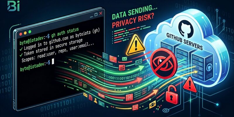 Illustration of GitHub CLI terminal sending telemetry data to cloud servers with privacy warning symbols