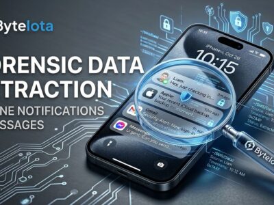 iPhone displaying notification messages with forensic data extraction overlay