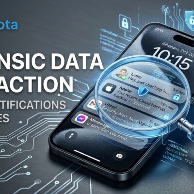 iPhone displaying notification messages with forensic data extraction overlay