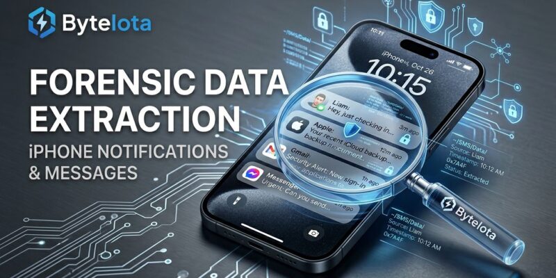 iPhone displaying notification messages with forensic data extraction overlay