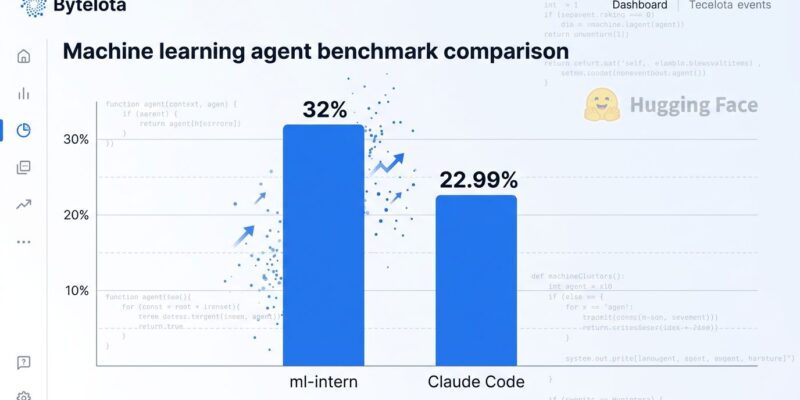 Data visualization showing ml-intern achieving 32% vs Claude Code's 22.99% on GPQA benchmark