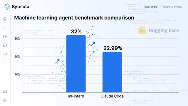 Data visualization showing ml-intern achieving 32% vs Claude Code's 22.99% on GPQA benchmark