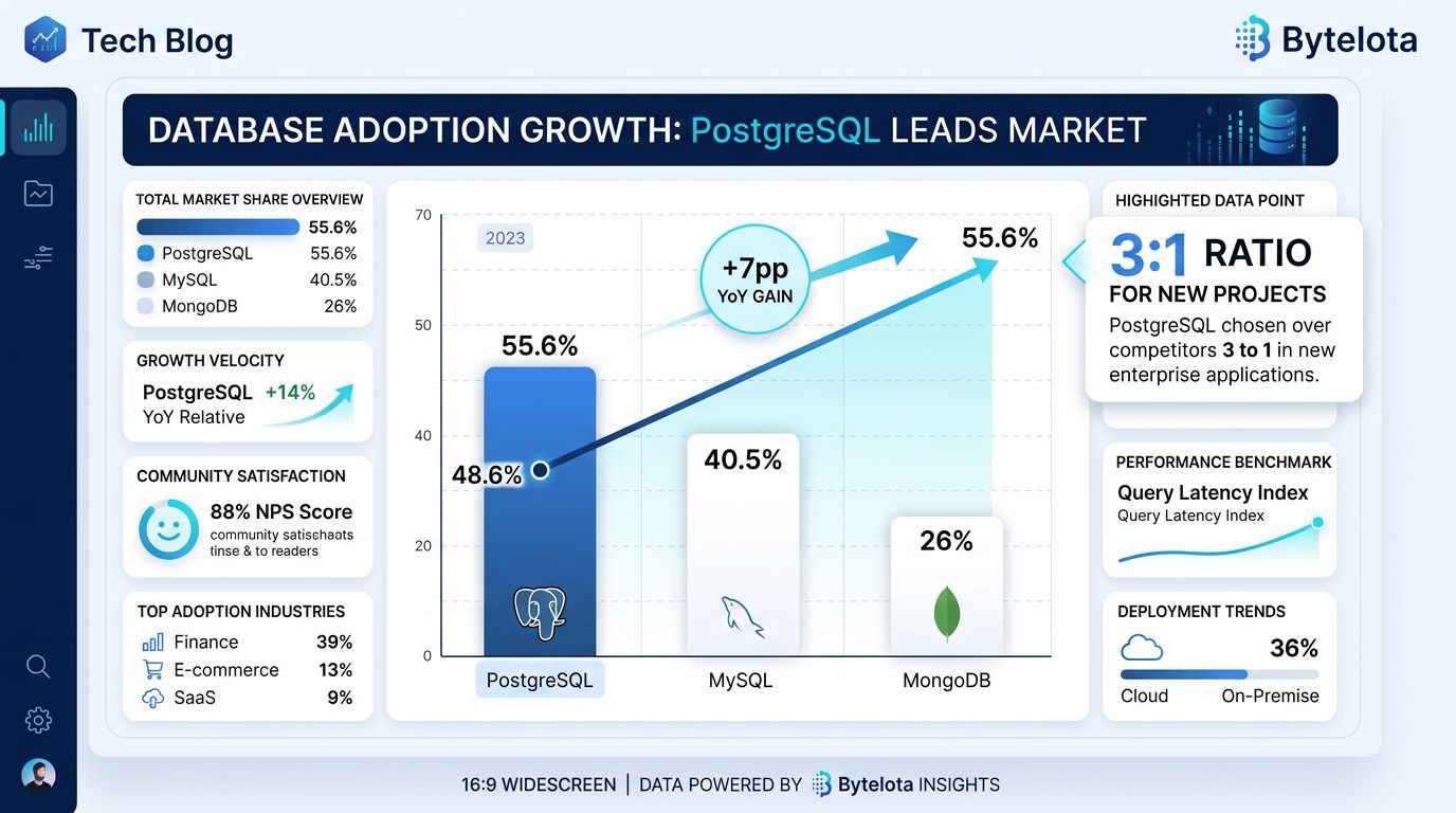 PostgreSQL Hits 55.6% Adoption: Beats MySQL 3:1 in 2026 | byteiota