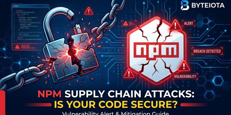Bitwarden CLI supply chain attack - broken security padlock with npm package warning