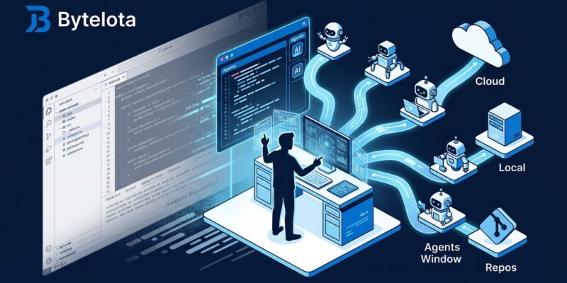 Developer orchestrating multiple AI coding agents in Cursor 3's agent-first interface, showing shift from traditional IDE to agent orchestration platform