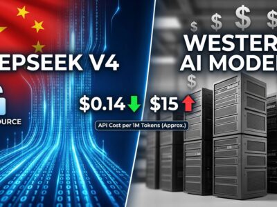 Split-screen comparison showing DeepSeek V4 open source AI versus Western closed models with price comparison
