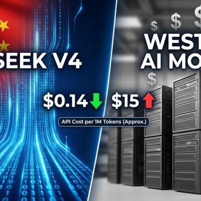 Split-screen comparison showing DeepSeek V4 open source AI versus Western closed models with price comparison