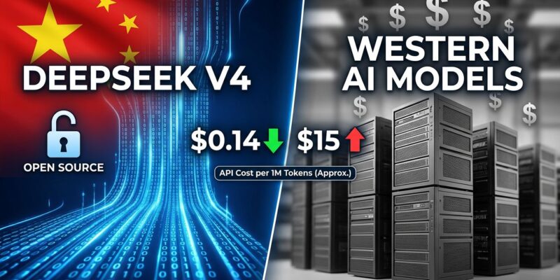Split-screen comparison showing DeepSeek V4 open source AI versus Western closed models with price comparison