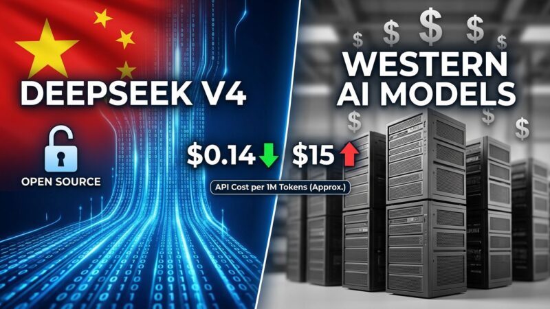 Split-screen comparison showing DeepSeek V4 open source AI versus Western closed models with price comparison