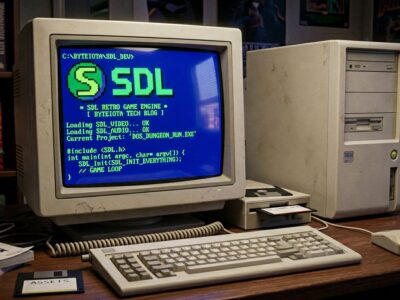 Retro DOS computer screen representing SDL DOS support announcement