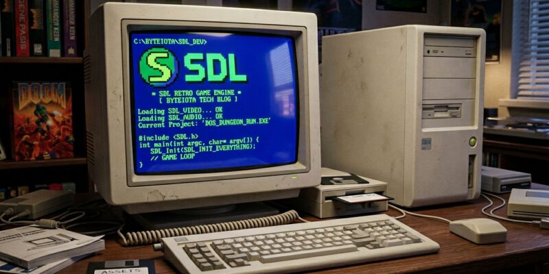 Retro DOS computer screen representing SDL DOS support announcement