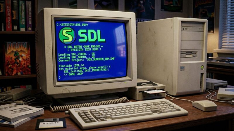 Retro DOS computer screen representing SDL DOS support announcement