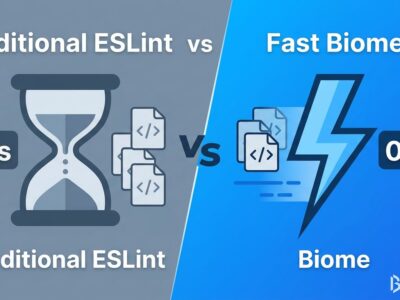 Split-screen comparison showing Biome linting 10,000 files in 0.8 seconds versus ESLint taking 45 seconds