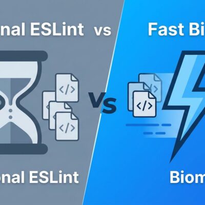 Split-screen comparison showing Biome linting 10,000 files in 0.8 seconds versus ESLint taking 45 seconds