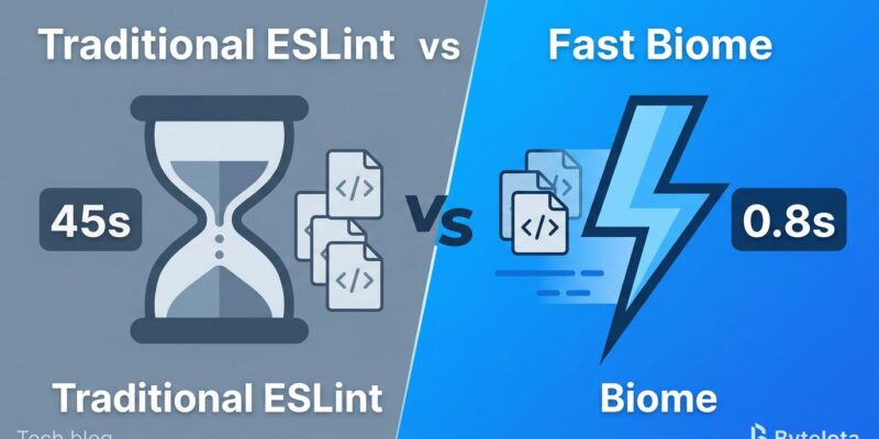 Split-screen comparison showing Biome linting 10,000 files in 0.8 seconds versus ESLint taking 45 seconds
