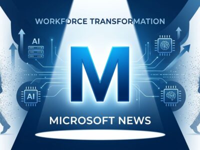 Microsoft workforce transformation with employees departing and AI infrastructure rising, blue and white design