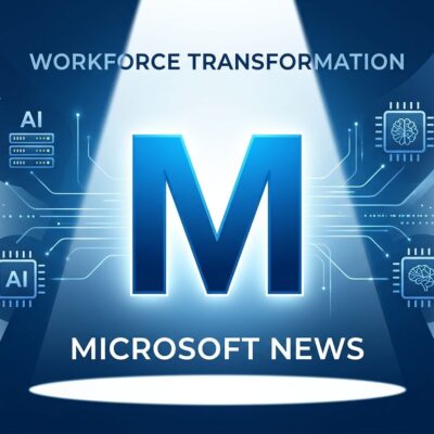 Microsoft workforce transformation with employees departing and AI infrastructure rising, blue and white design
