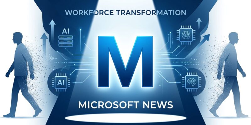 Microsoft workforce transformation with employees departing and AI infrastructure rising, blue and white design