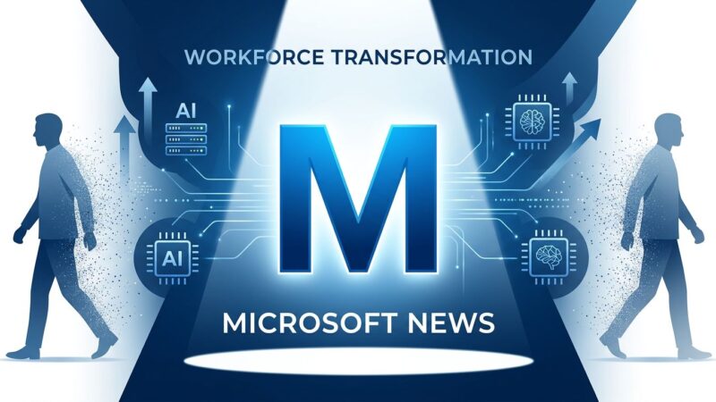 Microsoft workforce transformation with employees departing and AI infrastructure rising, blue and white design