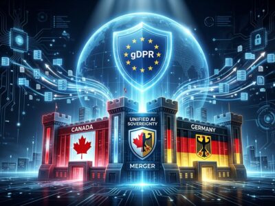 Conceptual illustration of Cohere and Aleph Alpha merger showing Canadian and German buildings merging with GDPR shield above, representing sovereign AI consolidation