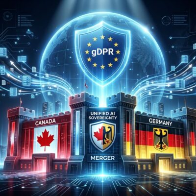 Conceptual illustration of Cohere and Aleph Alpha merger showing Canadian and German buildings merging with GDPR shield above, representing sovereign AI consolidation