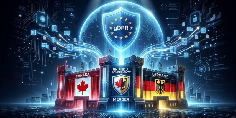 Conceptual illustration of Cohere and Aleph Alpha merger showing Canadian and German buildings merging with GDPR shield above, representing sovereign AI consolidation