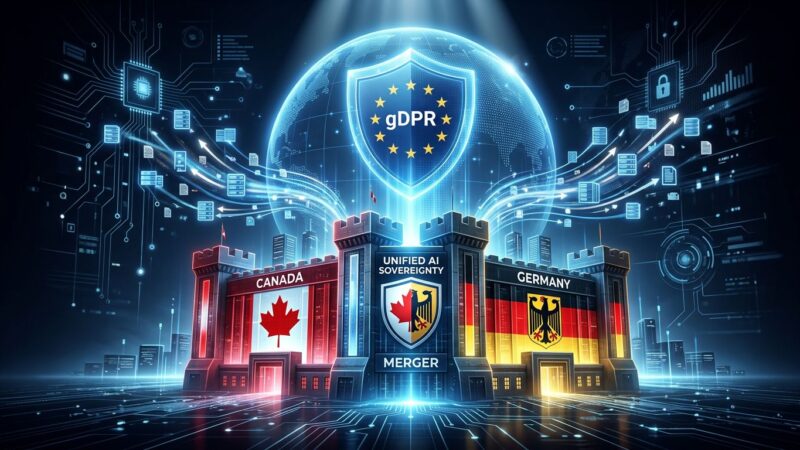 Conceptual illustration of Cohere and Aleph Alpha merger showing Canadian and German buildings merging with GDPR shield above, representing sovereign AI consolidation