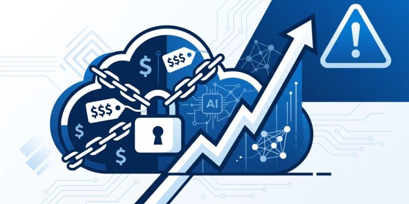 Illustration showing AI cloud costs and vendor lock-in trap with rising prices