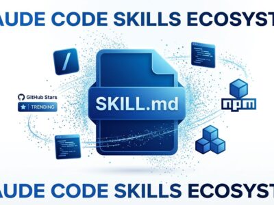 Claude Code Skills ecosystem with SKILL.md file icon, GitHub trending stars, npm packages, and code snippets