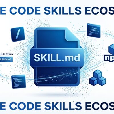 Claude Code Skills ecosystem with SKILL.md file icon, GitHub trending stars, npm packages, and code snippets