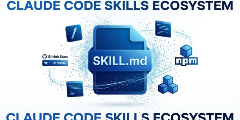 Claude Code Skills ecosystem with SKILL.md file icon, GitHub trending stars, npm packages, and code snippets