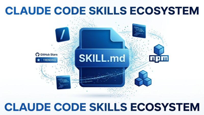 Claude Code Skills ecosystem with SKILL.md file icon, GitHub trending stars, npm packages, and code snippets
