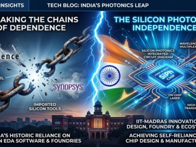 Split-screen illustration showing India breaking away from US chip tool dependence with indigenous Silicon Photonics PDK
