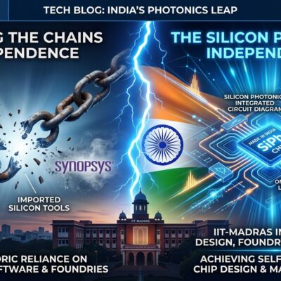 Split-screen illustration showing India breaking away from US chip tool dependence with indigenous Silicon Photonics PDK